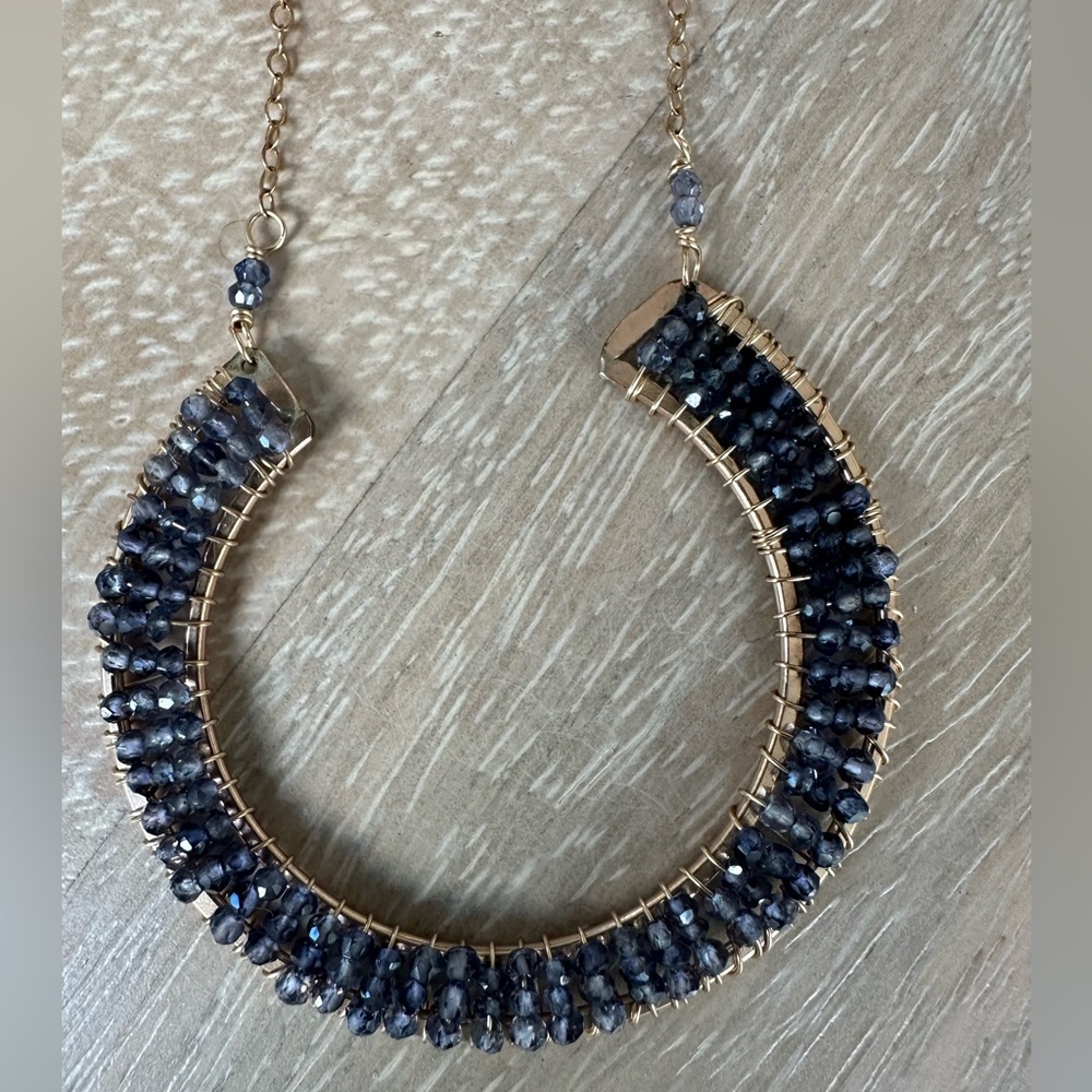 Artisan Gold Wire Wrapped Cobalt Blue Beaded Horseshoe Necklace 10"